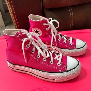 Pink high top platform converse